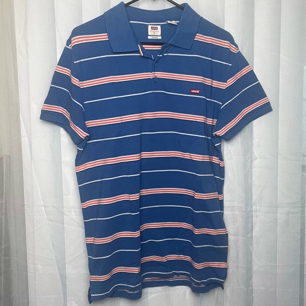 Blue, red, and white stripe polo shirt